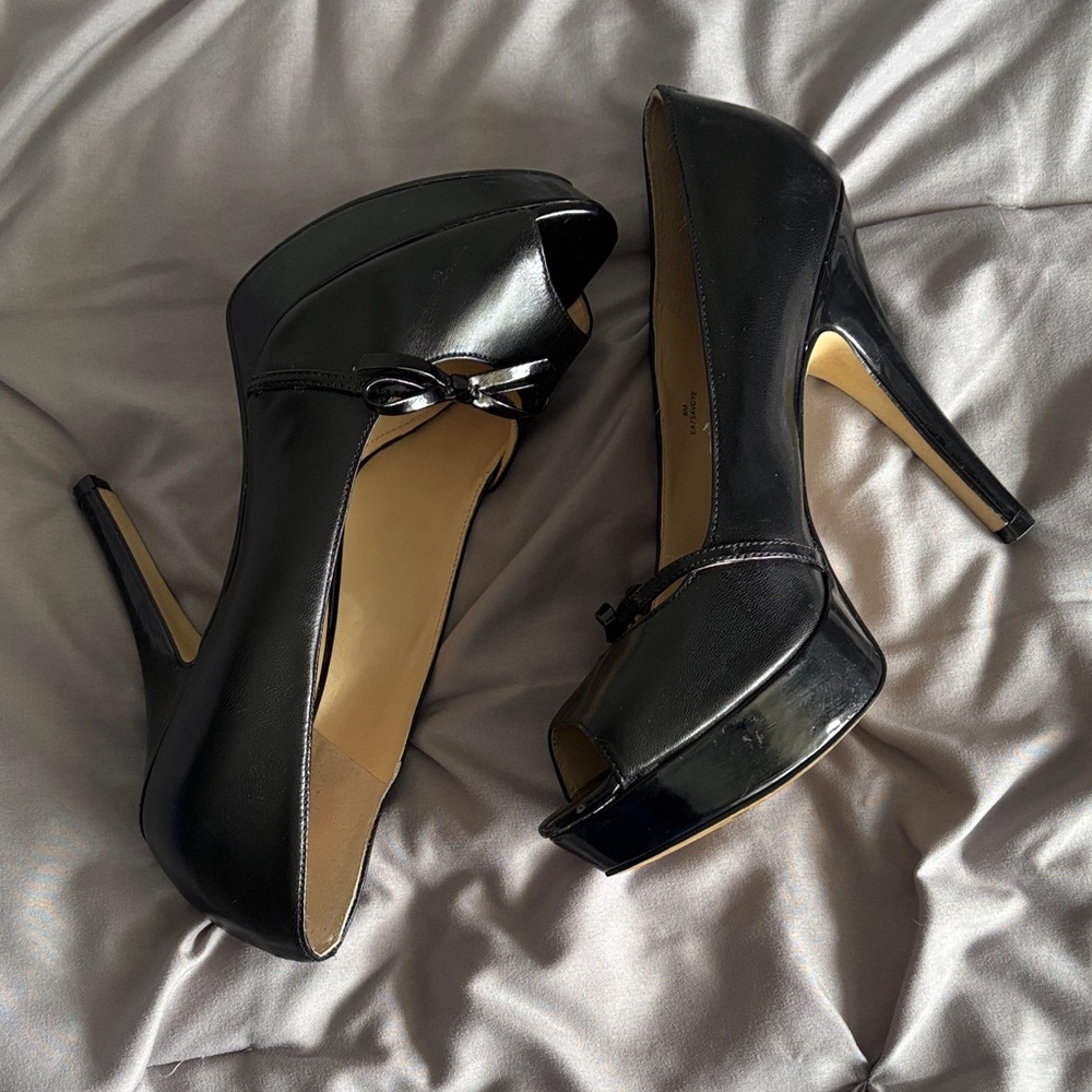 Enzo Angiolini Black Peep-Toe Platform Heels with Bow Detail